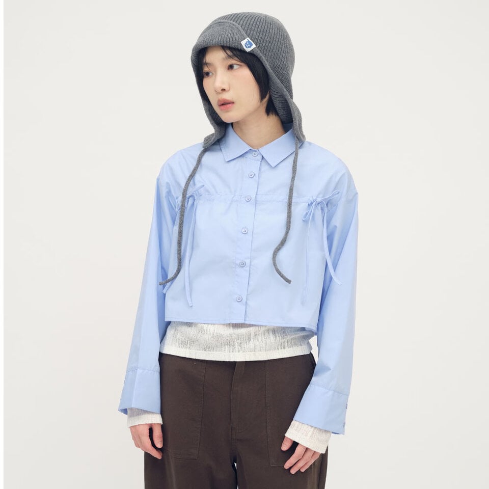 抽繩寬袖短版襯衫