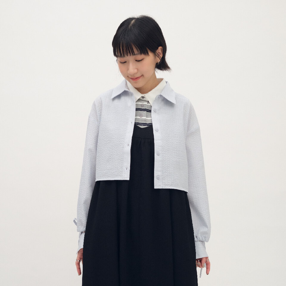 SAA3338-261 條紋泡泡紗袖口綁帶襯衫