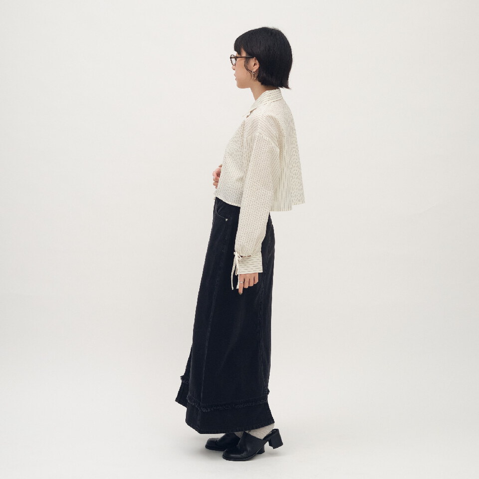 條紋泡泡紗袖口綁帶襯衫