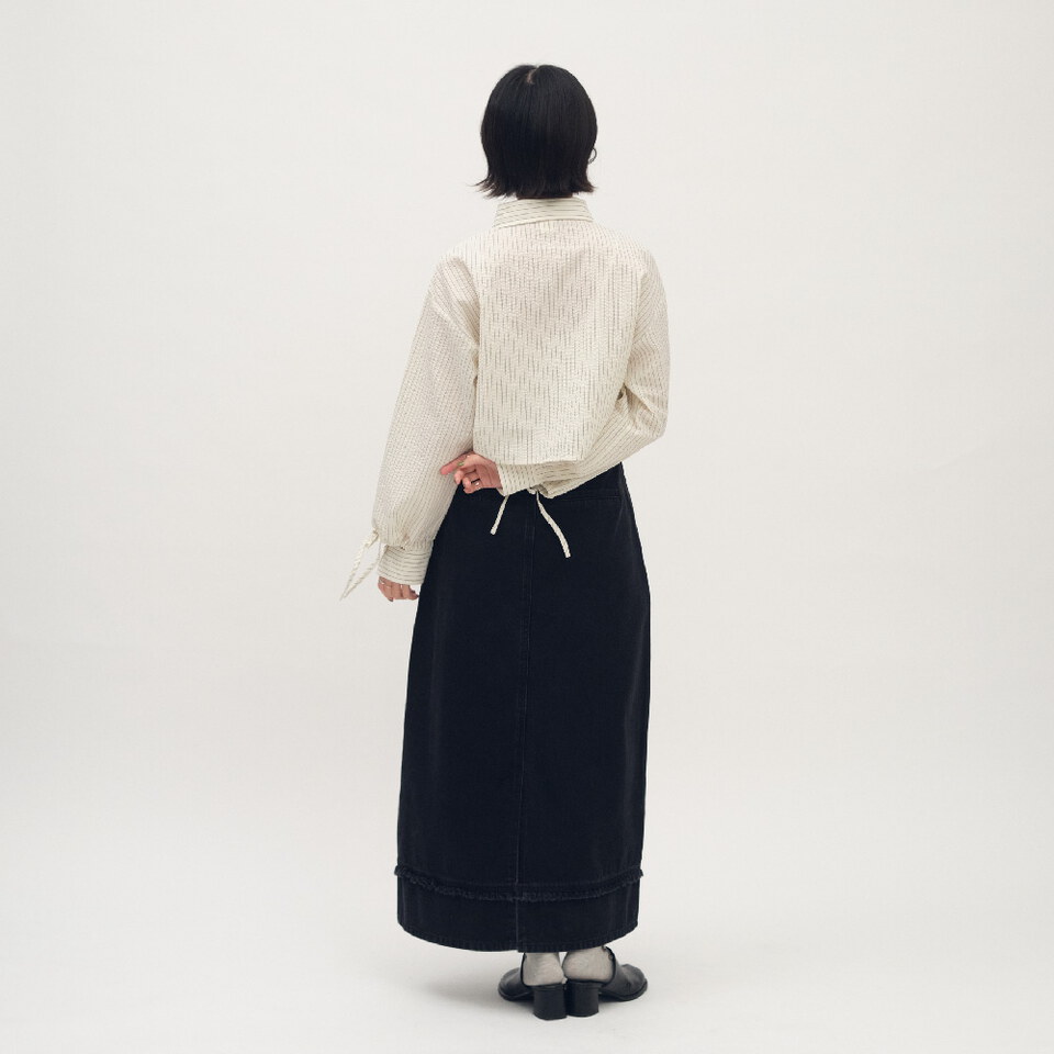 條紋泡泡紗袖口綁帶襯衫