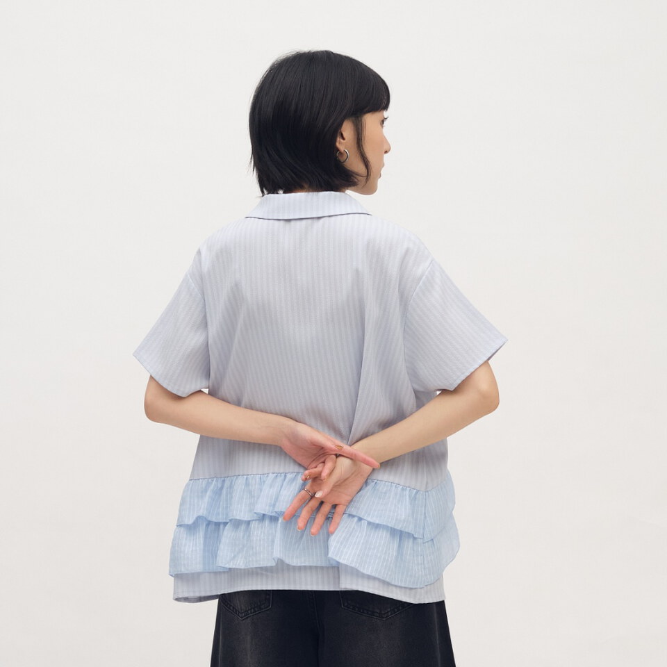 泡泡條荷葉拼接短袖襯衫
