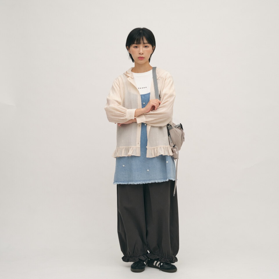 可拆帽方格透紗襯衫
