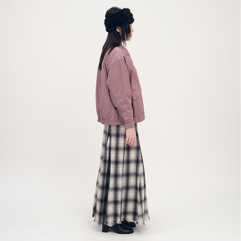 流蘇下擺剪接格紋裙