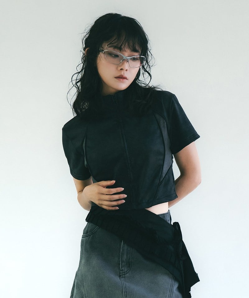 拉鍊上衣 Washed Patch Ribbed Zip Top