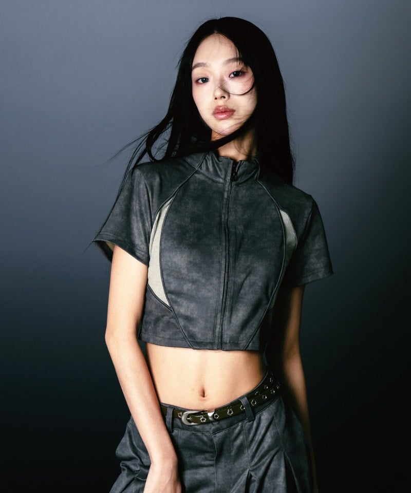 拉鍊上衣 Washed Patch Ribbed Zip Top