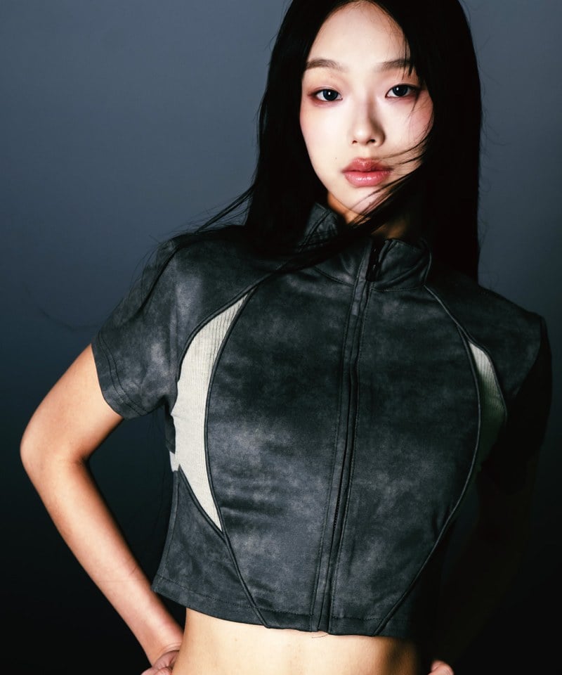 拉鍊上衣 Washed Patch Ribbed Zip Top