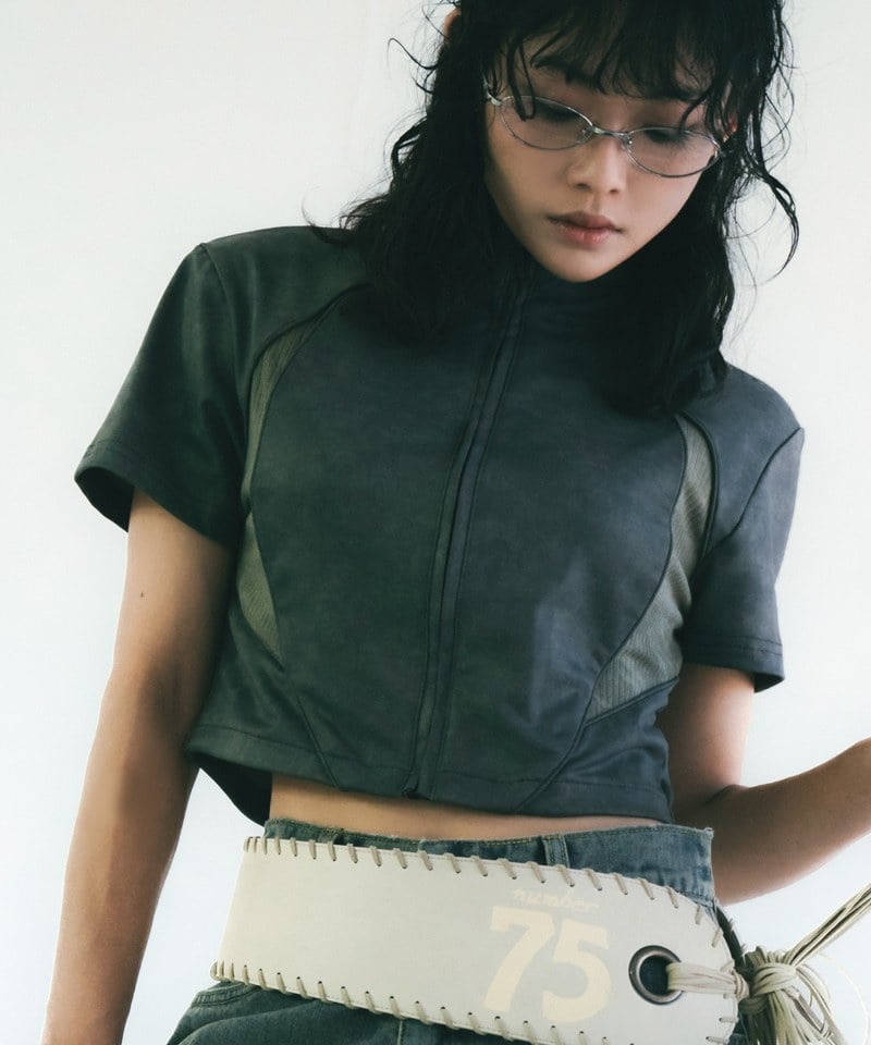 拉鍊上衣 Washed Patch Ribbed Zip Top