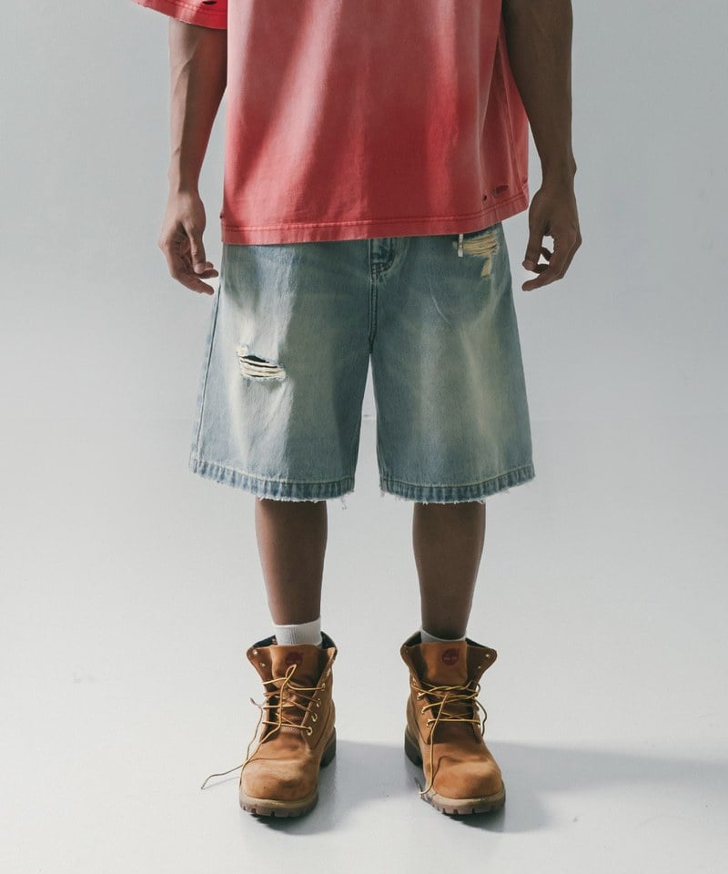 五分丹寧短褲 Destory Wash Denim Shorts