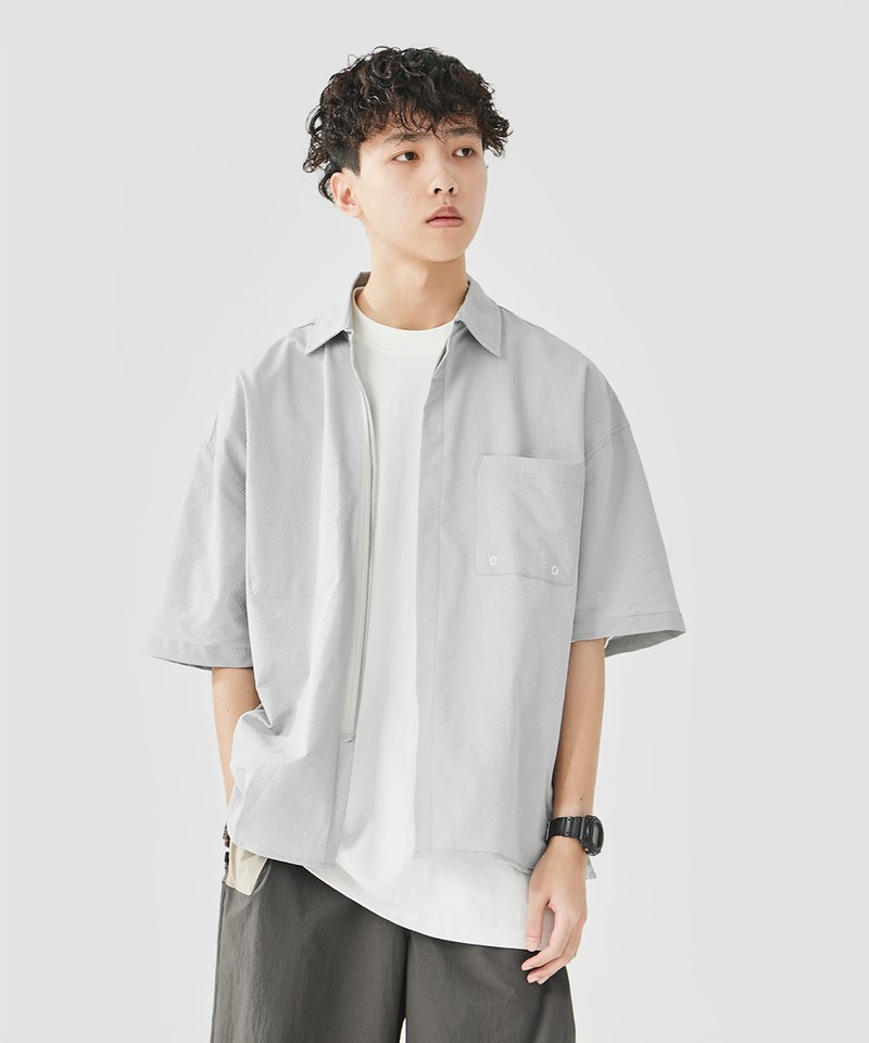 泡泡紗拉鍊襯衫 Zip-Up Seersucker Pocket Shirt