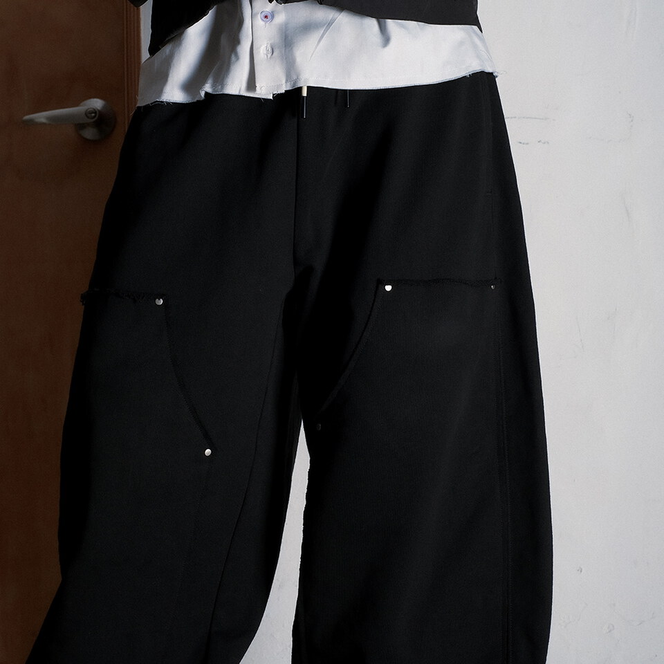 雙膝結構寬版棉褲 3 28 BLACK DOUBLE KNEE SWEAT PANTS