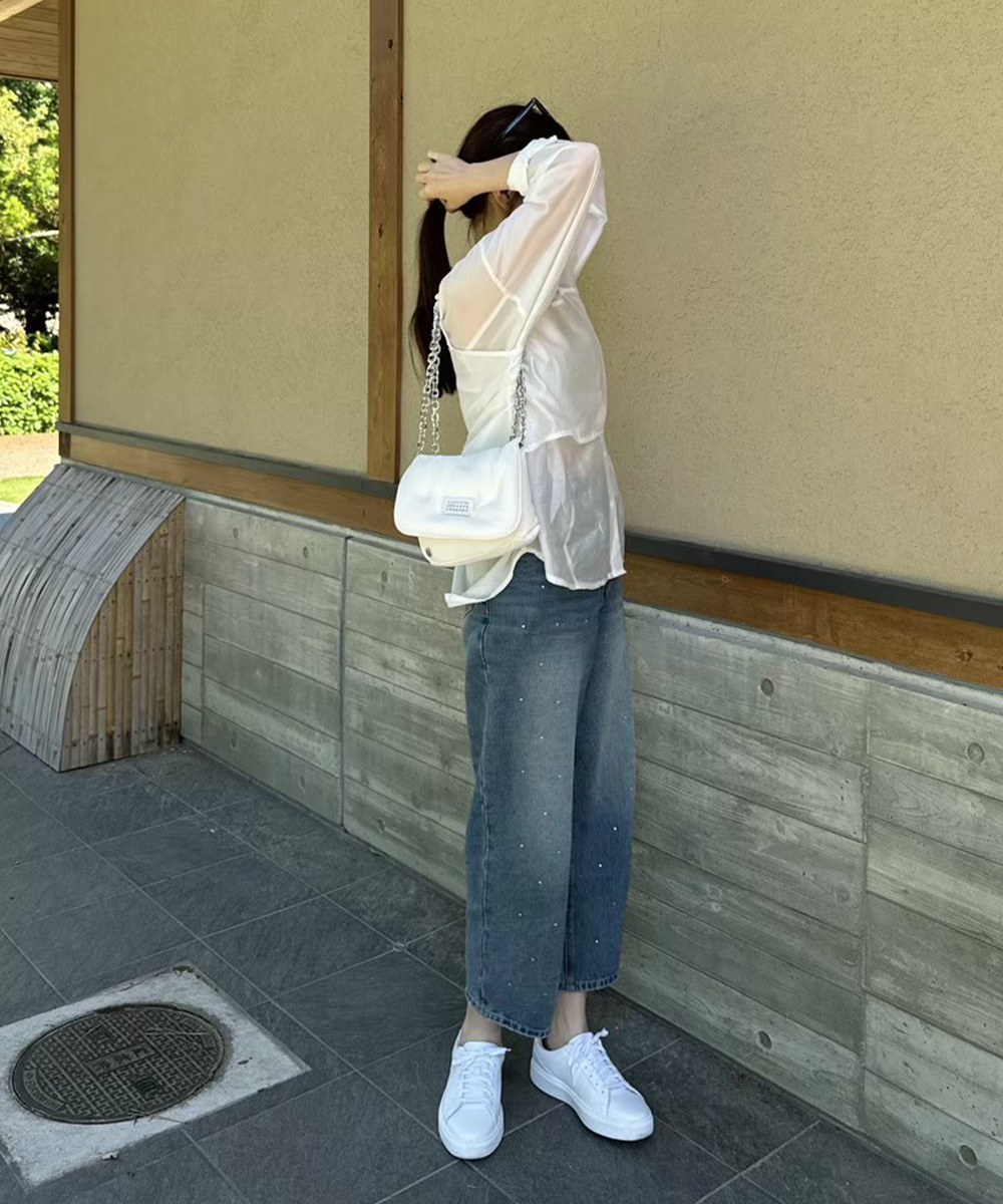 guten made 低調閃閃寬版九分直筒牛仔褲
