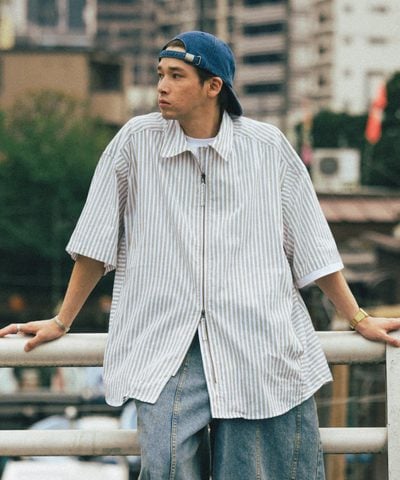 條紋拉鍊襯衫 Striped Zip up Half Shirt