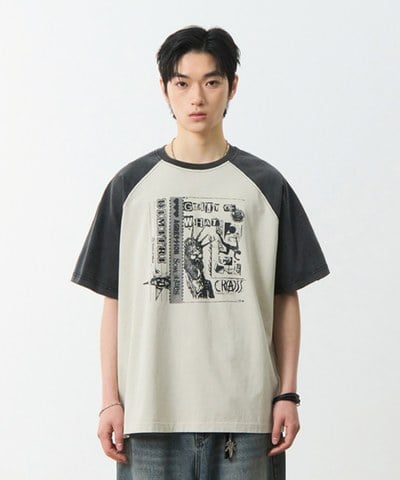 印花上衣 RAGLAN COLOR BLOCK PIGMENT ARTWORK SHORT SLEEVE T-SHIRT