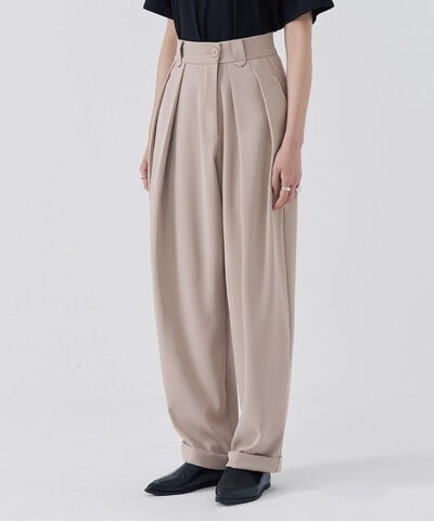 高腰斜釦打褶褲