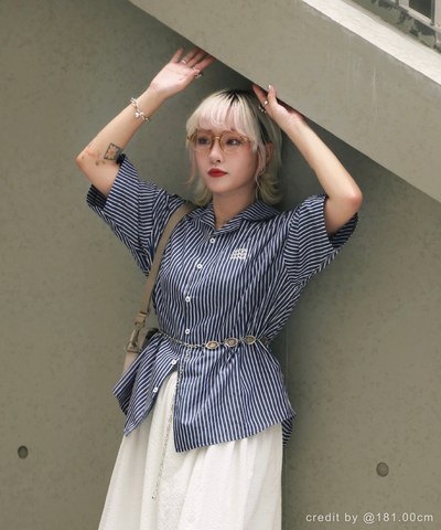 日常條紋開領短袖襯衫