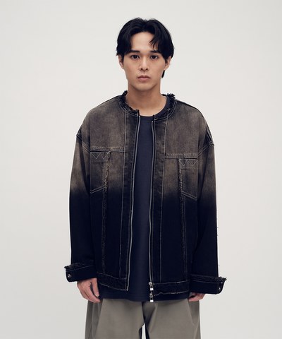 PLN1183-251 無領鬚邊漸變丹寧外套