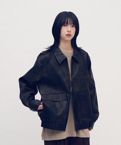 口袋拉鍊皮感外套