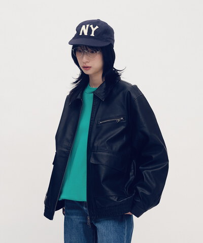 口袋拉鍊皮感外套