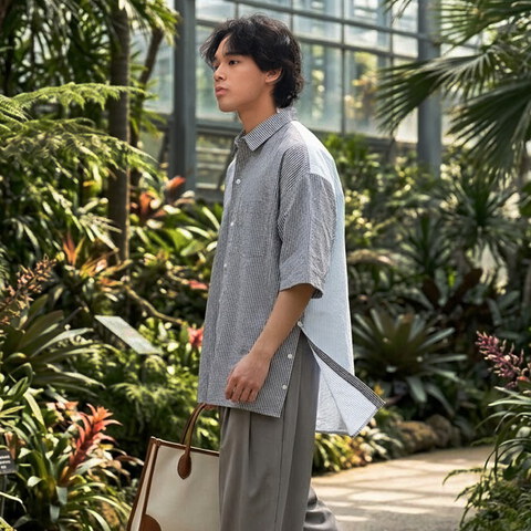 泡泡紗拼接條紋襯衫