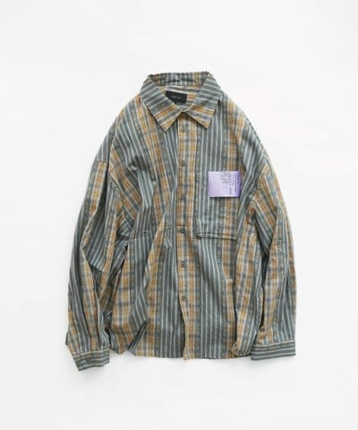 clip by clip 格條紋拼接口袋襯衫