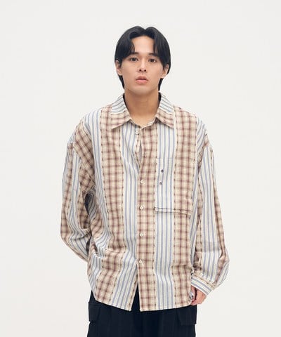 clip by clip 格條紋拼接口袋襯衫