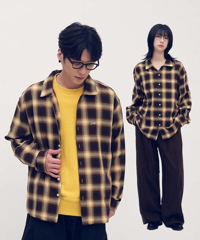 開領刺繡格紋長袖襯衫