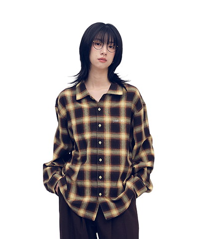 開領刺繡格紋長袖襯衫