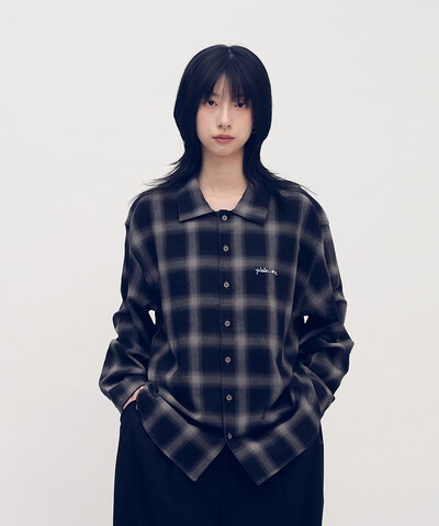 開領刺繡格紋長袖襯衫