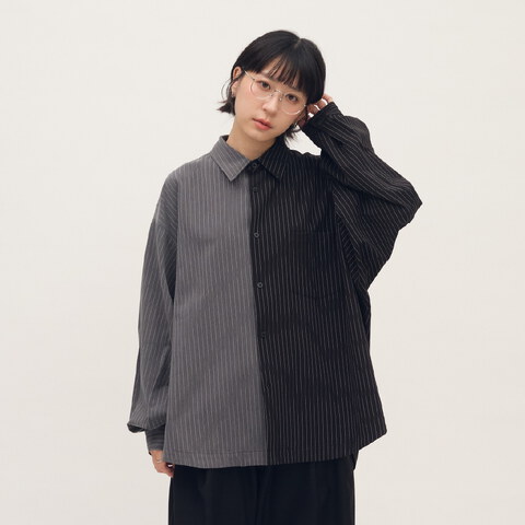 西料拼接條紋可拆襯衫