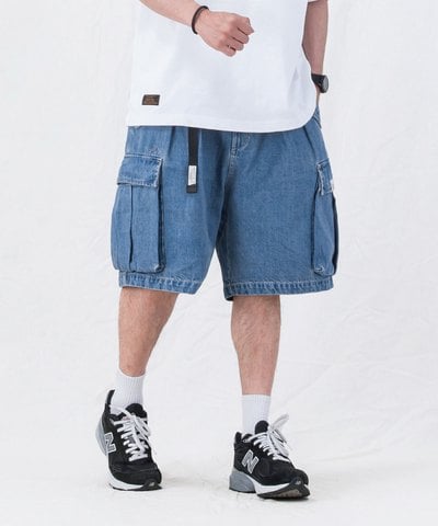 水洗牛仔雙摺軍短褲 washed double-pleated cargo shorts