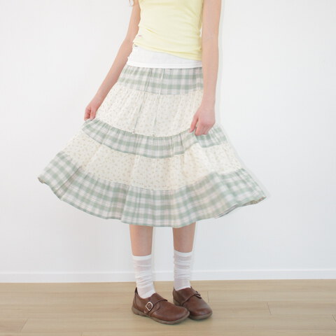 RON4001-262 拼接中長裙 FLORAL CHECK PATCHWORK MID SKIRT
