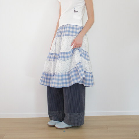 RON4001-262 拼接中長裙 FLORAL CHECK PATCHWORK MID SKIRT