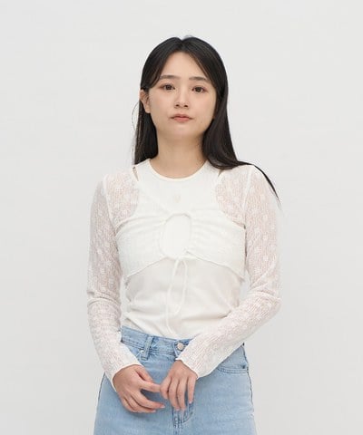 抽繩蕾絲透膚罩衫