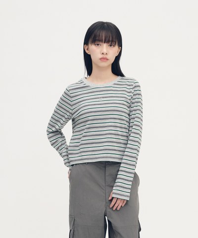 合肩條紋長袖TEE