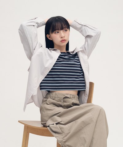 合肩條紋長袖TEE