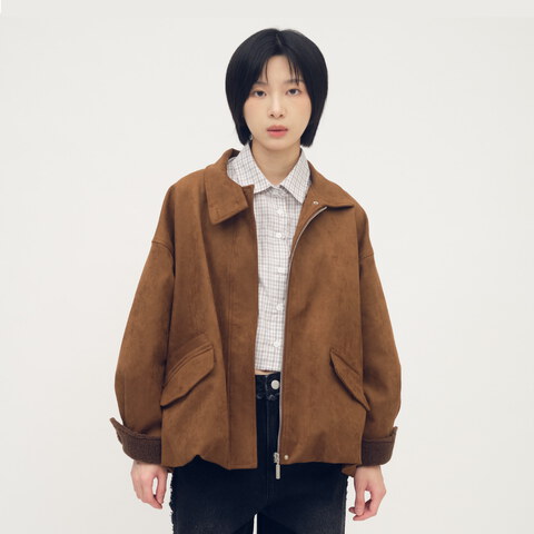 立領氣球下擺麂皮外套