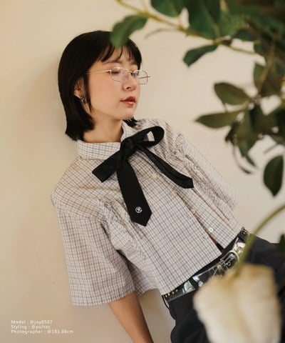 抽繩寬袖短版襯衫