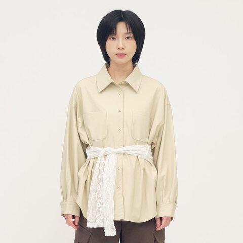 皮感大口袋襯衫