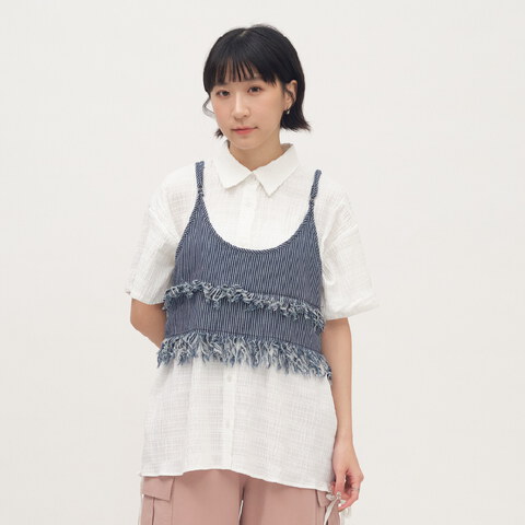 壓紋抽繩細節短袖襯衫