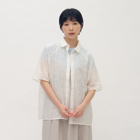 小花刺繡透膚襯衫