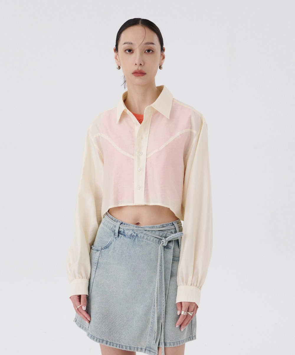 澎袖短版長袖襯衫