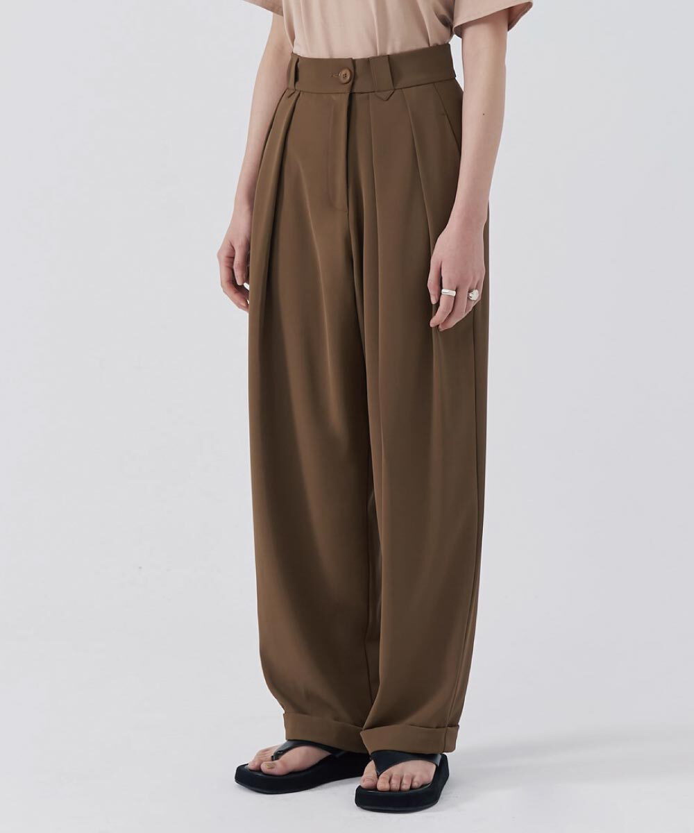 高腰斜釦打褶褲