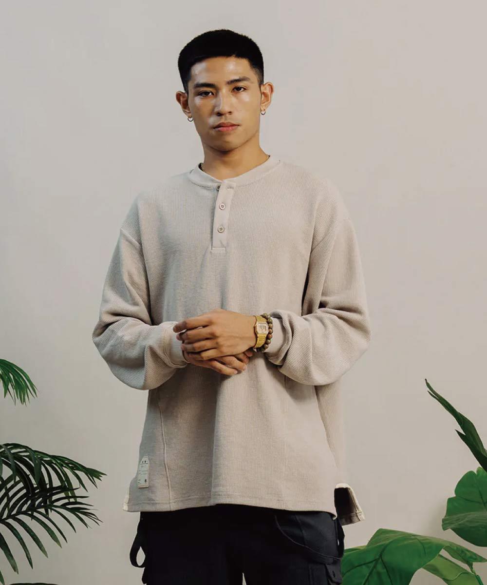裁線華夫格亨利領長袖Tee