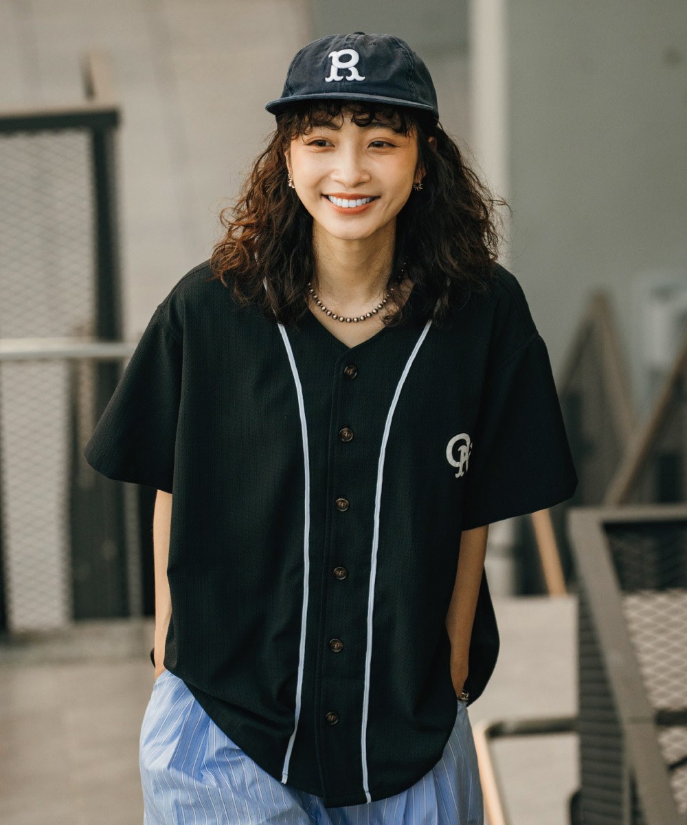 直紋泡泡紗貼布棒球衫