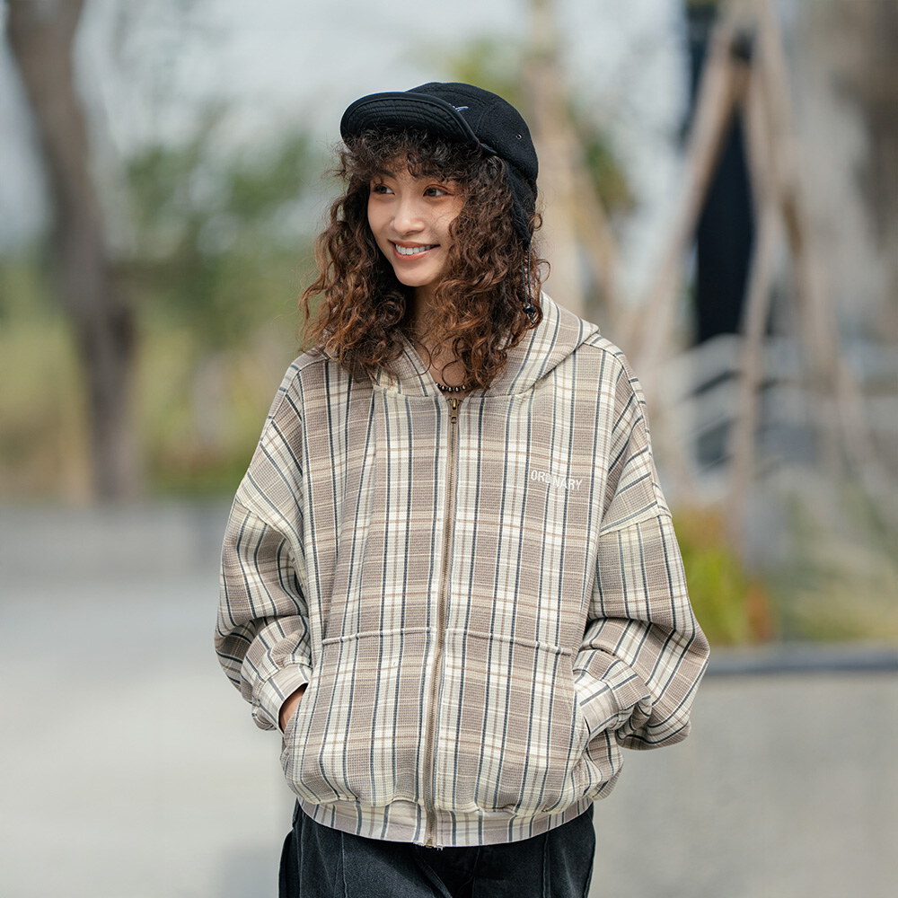 格紋水洗華夫格帽拉