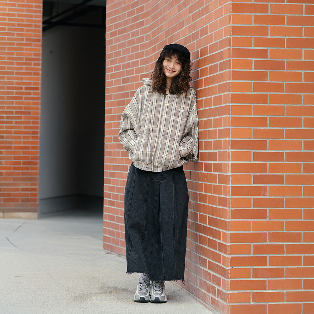 格紋水洗華夫格帽拉