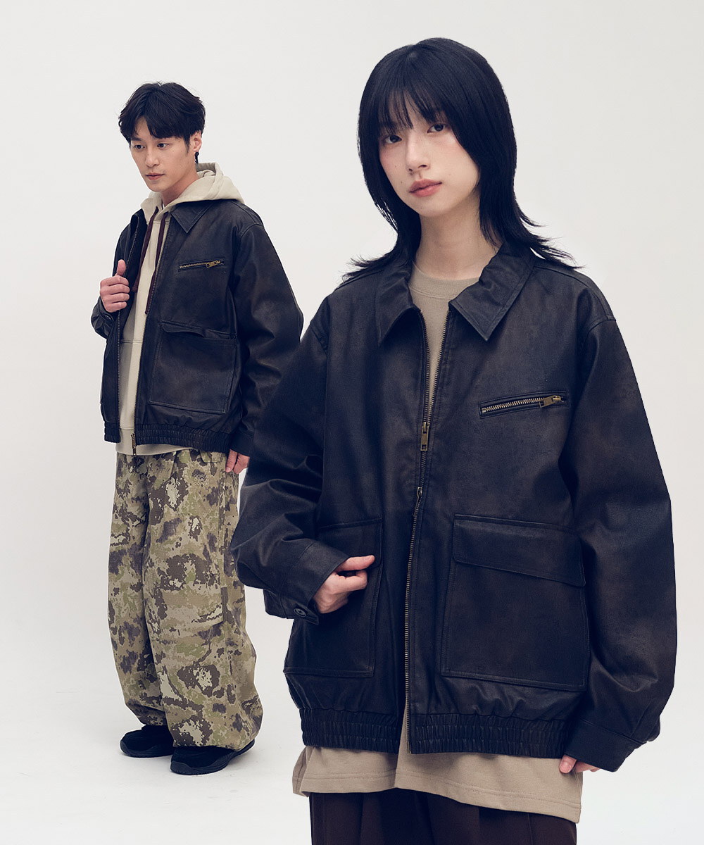 口袋拉鍊皮感外套