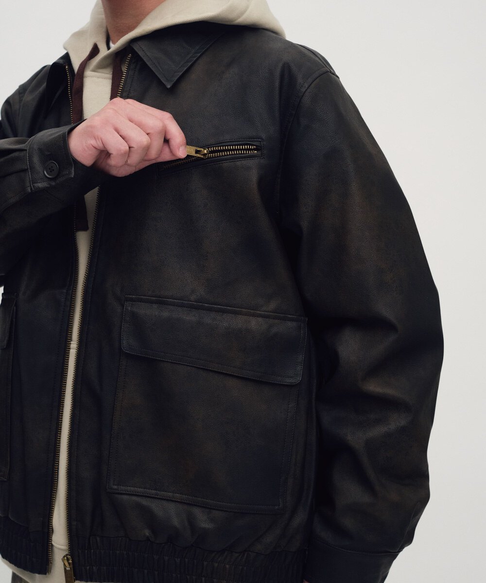口袋拉鍊皮感外套
