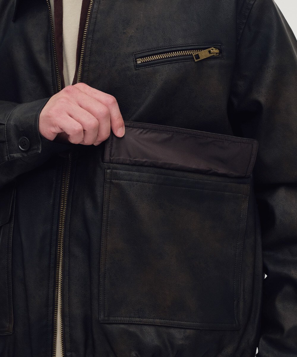 口袋拉鍊皮感外套