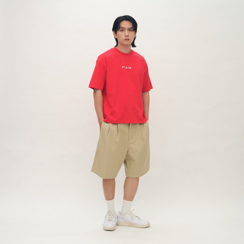 PLAIN刺繡打褶卡其短褲